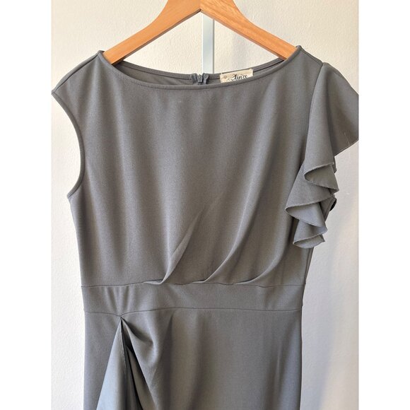 Quiet Luxury Asymmetrical Ruffle Dress L Sheath Gray Neutral by Aisize Timeless - Picture 7 of 16